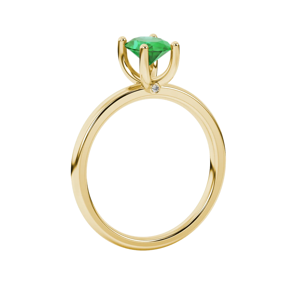 Side profile, yellow gold emerald green ring, surprise diamond gallery.