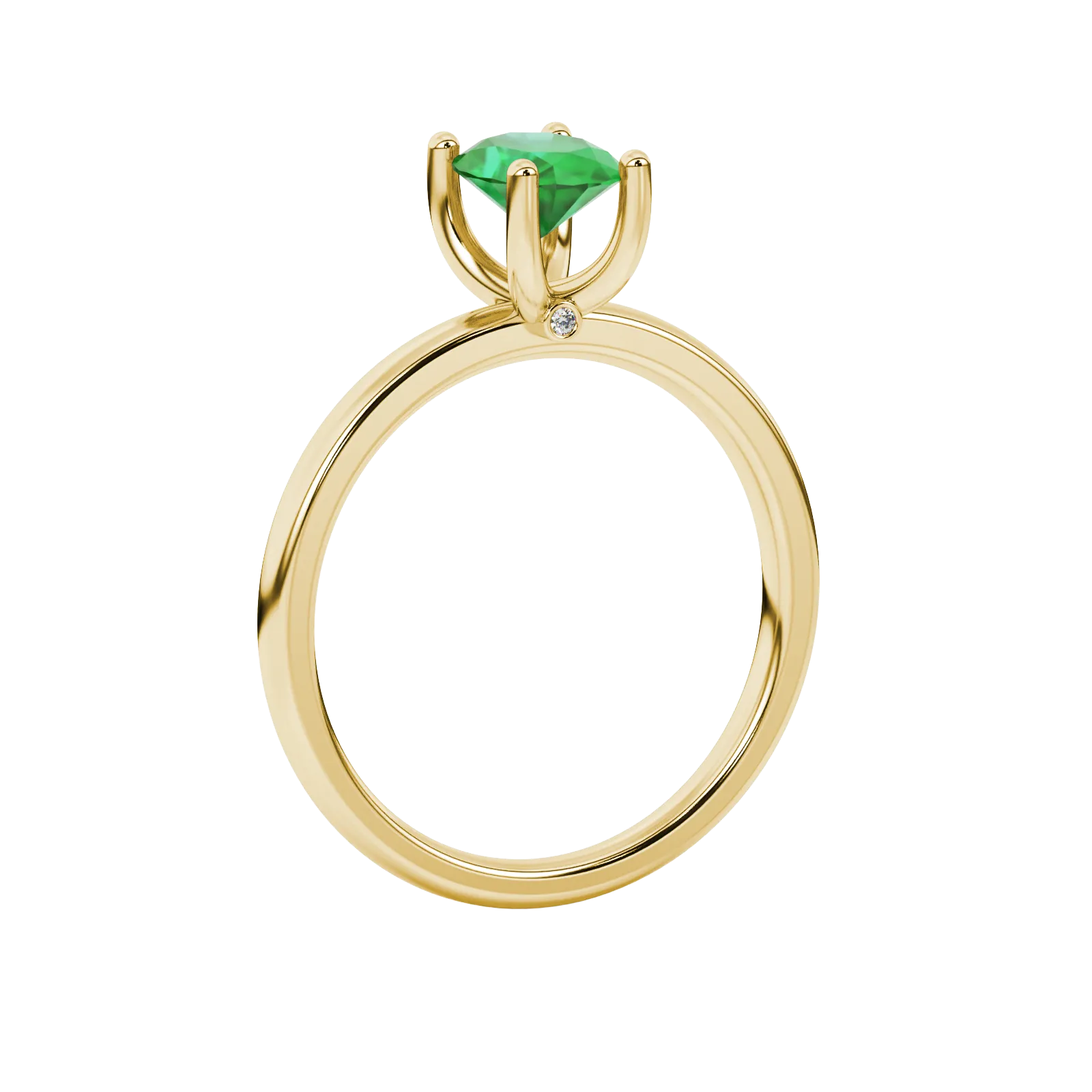 Side profile, yellow gold emerald green ring, surprise diamond gallery.