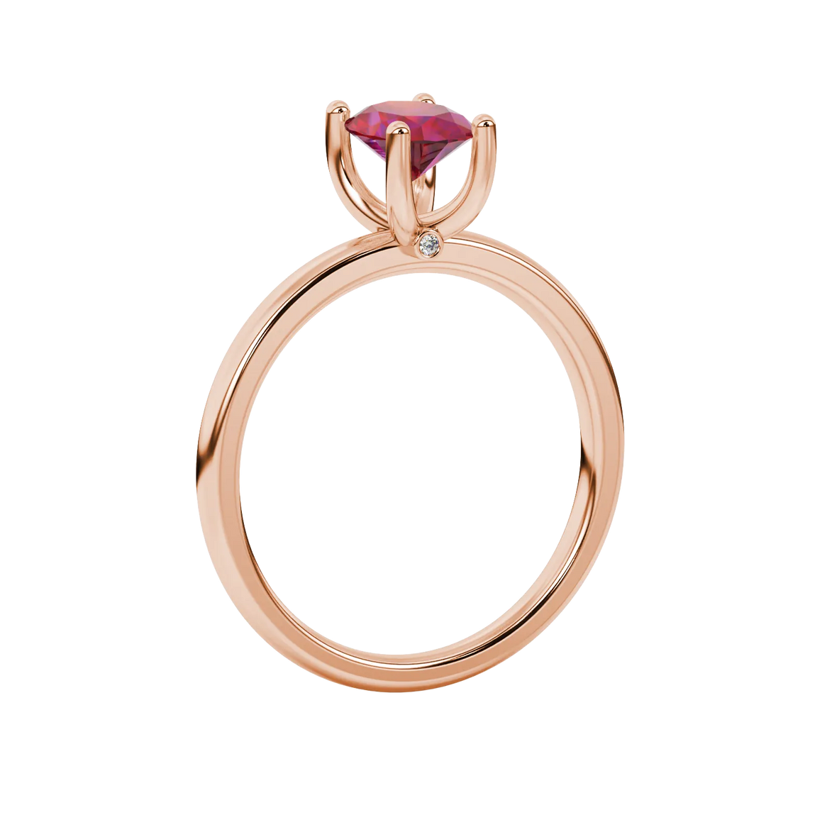 Side profile, rose gold raspberry red ring, surprise diamond gallery.