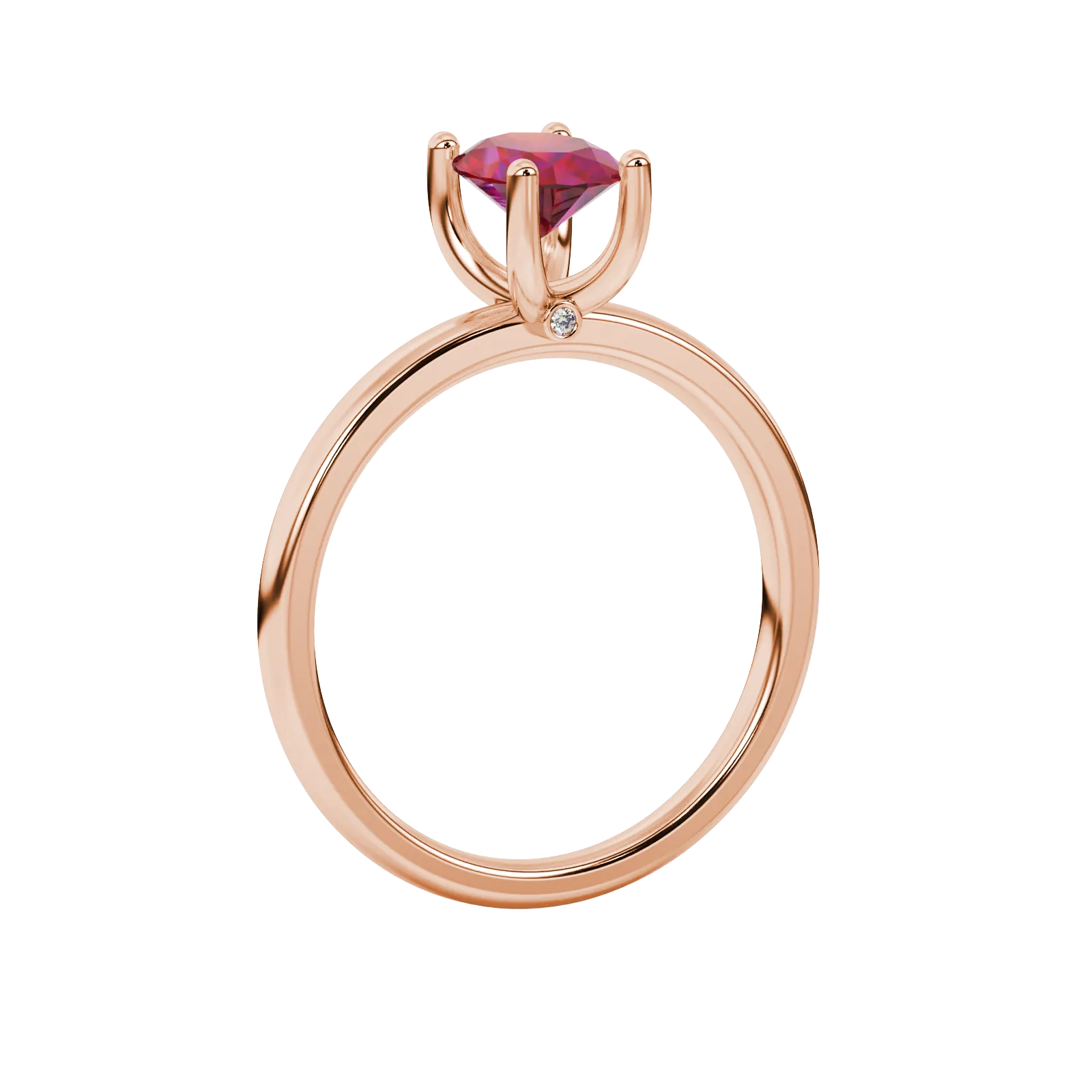 Side profile, rose gold raspberry red ring, surprise diamond gallery.