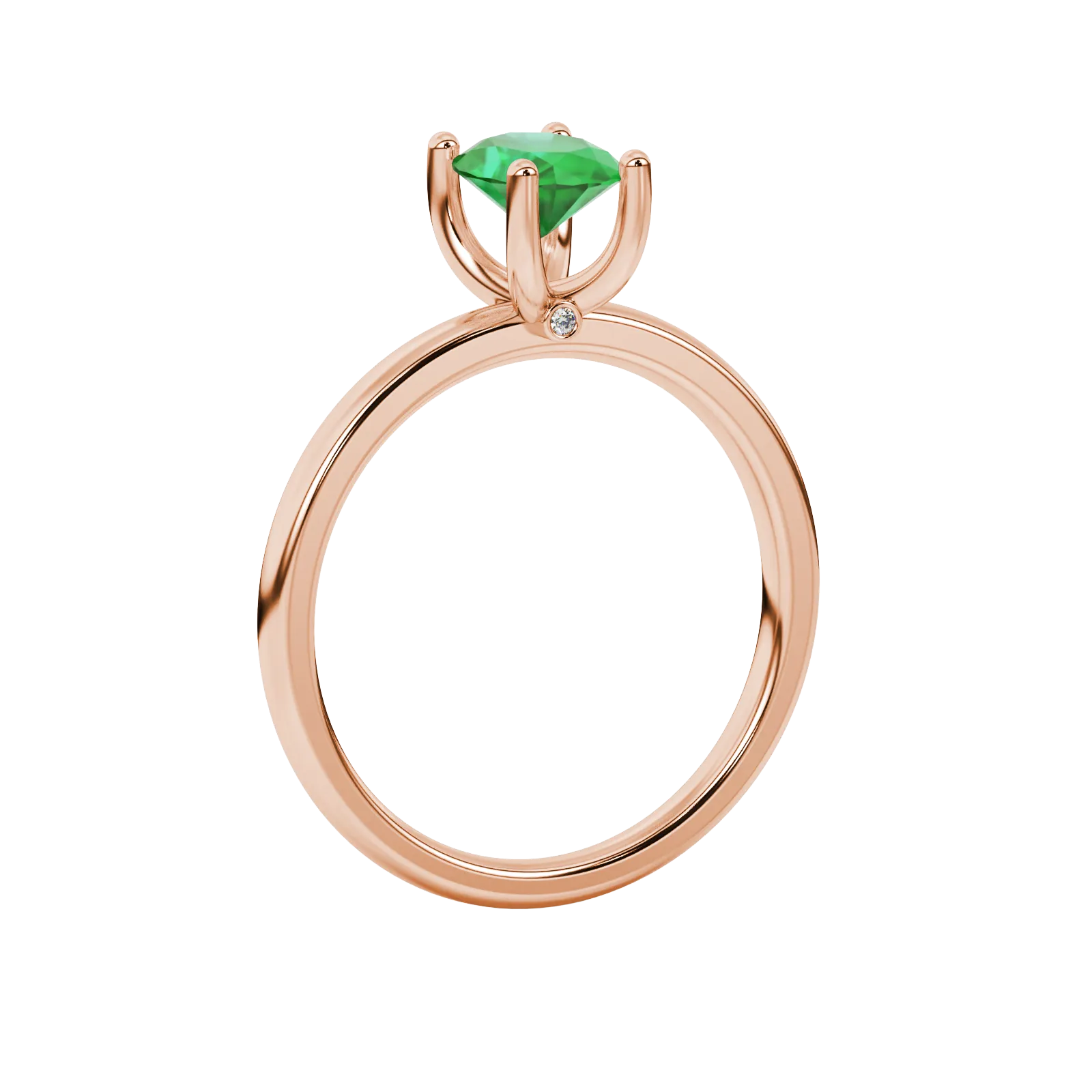 Side profile, rose gold emerald green ring, surprise diamond gallery.