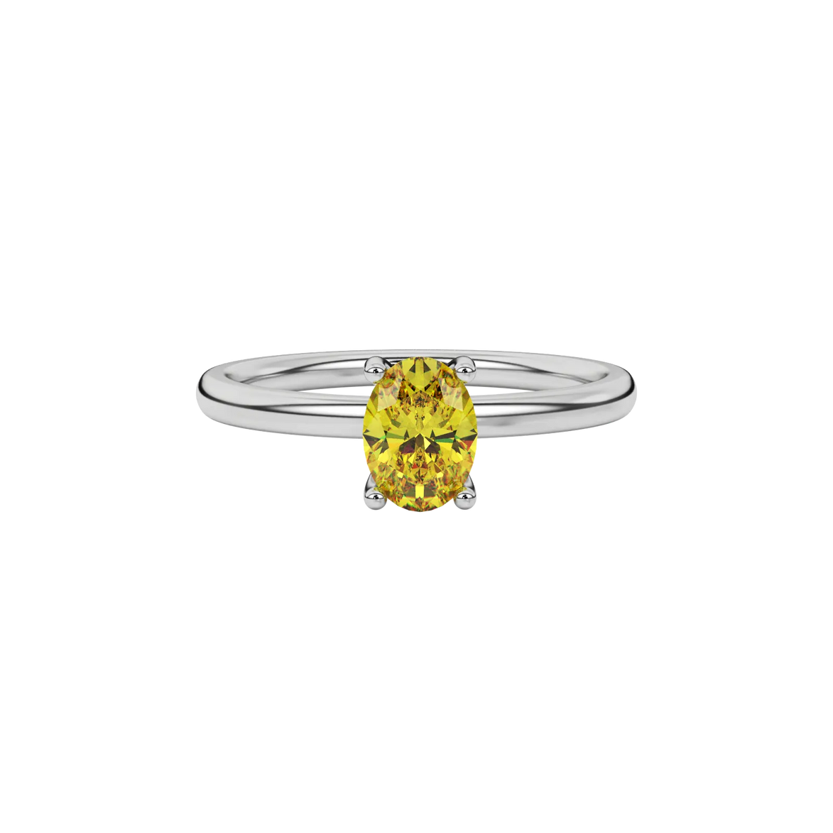 Close-up canary yellow gemstone ring, white gold surprise diamond setting.
