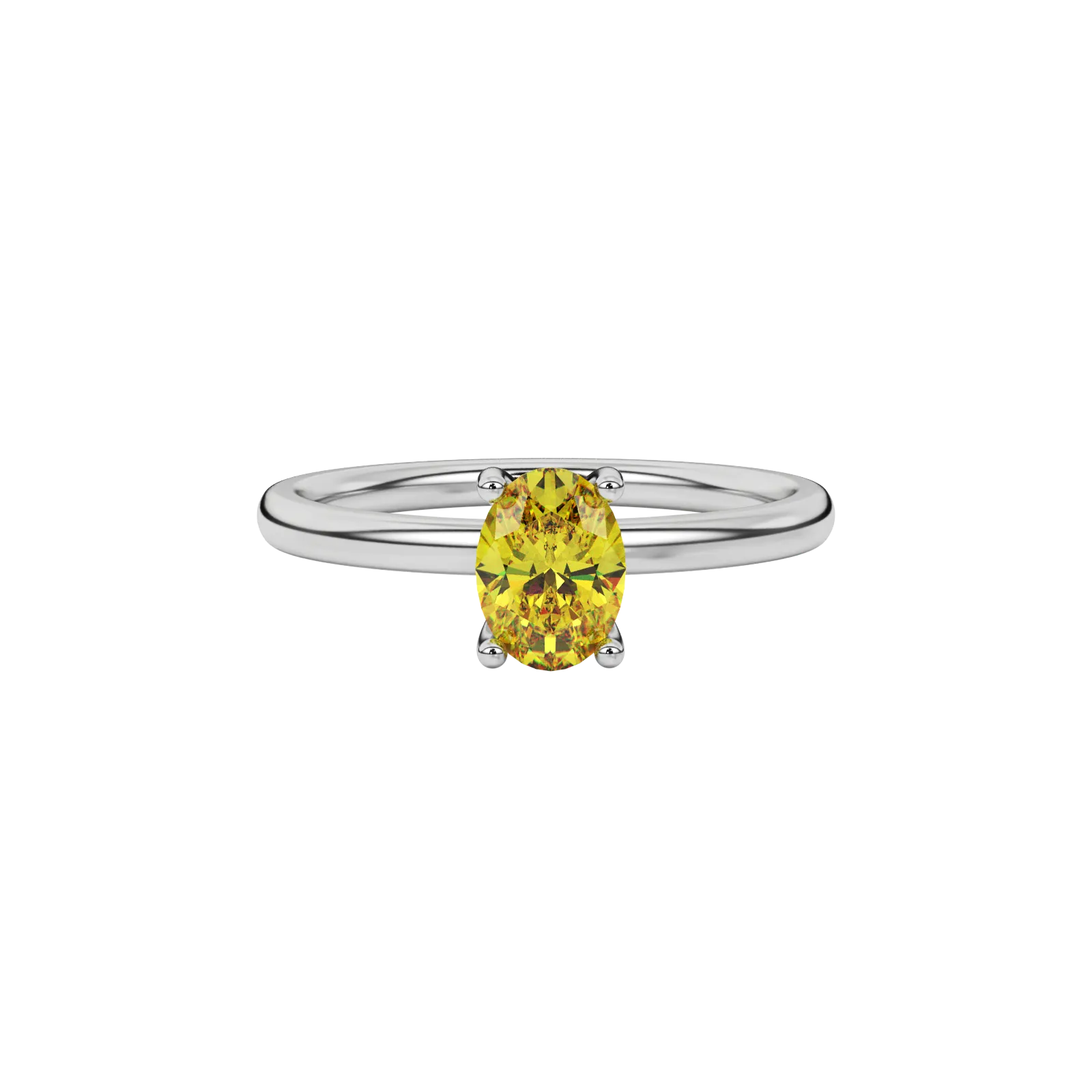Close-up canary yellow gemstone ring, white gold surprise diamond setting.