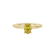 Close-up, oval cut canary yellow gemstone, yellow gold surprise diamond ring.