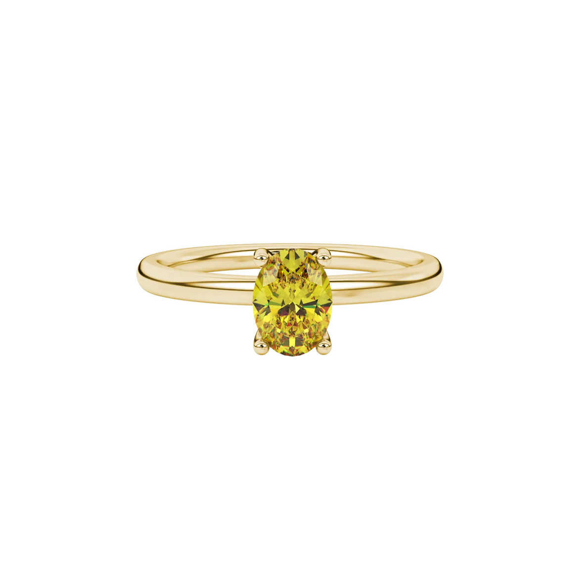 Close-up, oval cut canary yellow gemstone, yellow gold surprise diamond ring.