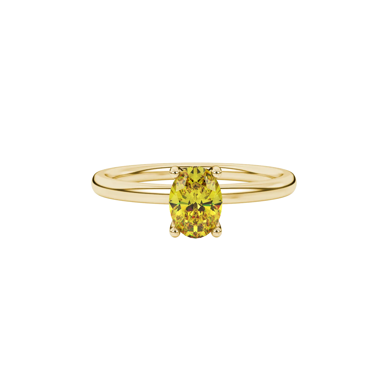 Close-up, oval cut canary yellow gemstone, yellow gold surprise diamond ring.