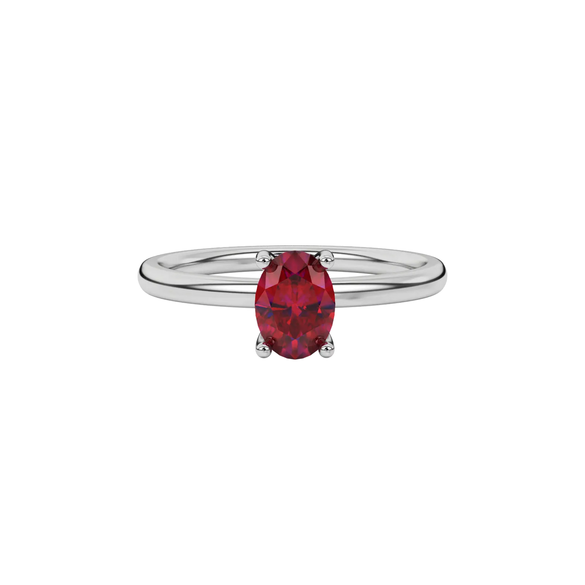 Close-up raspberry red gemstone ring, white gold surprise diamond setting.