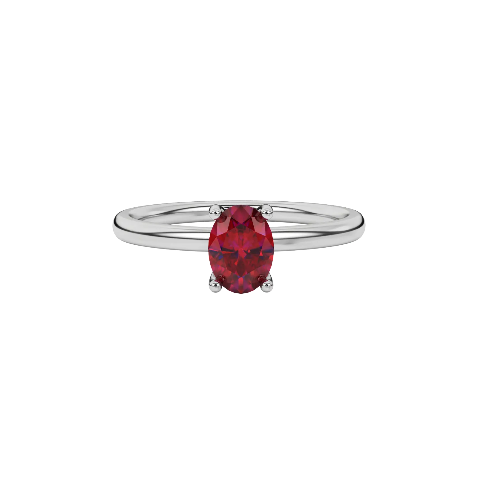 Close-up raspberry red gemstone ring, white gold surprise diamond setting.
