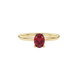 Close-up, oval cut raspberry red gemstone, yellow gold surprise diamond ring.