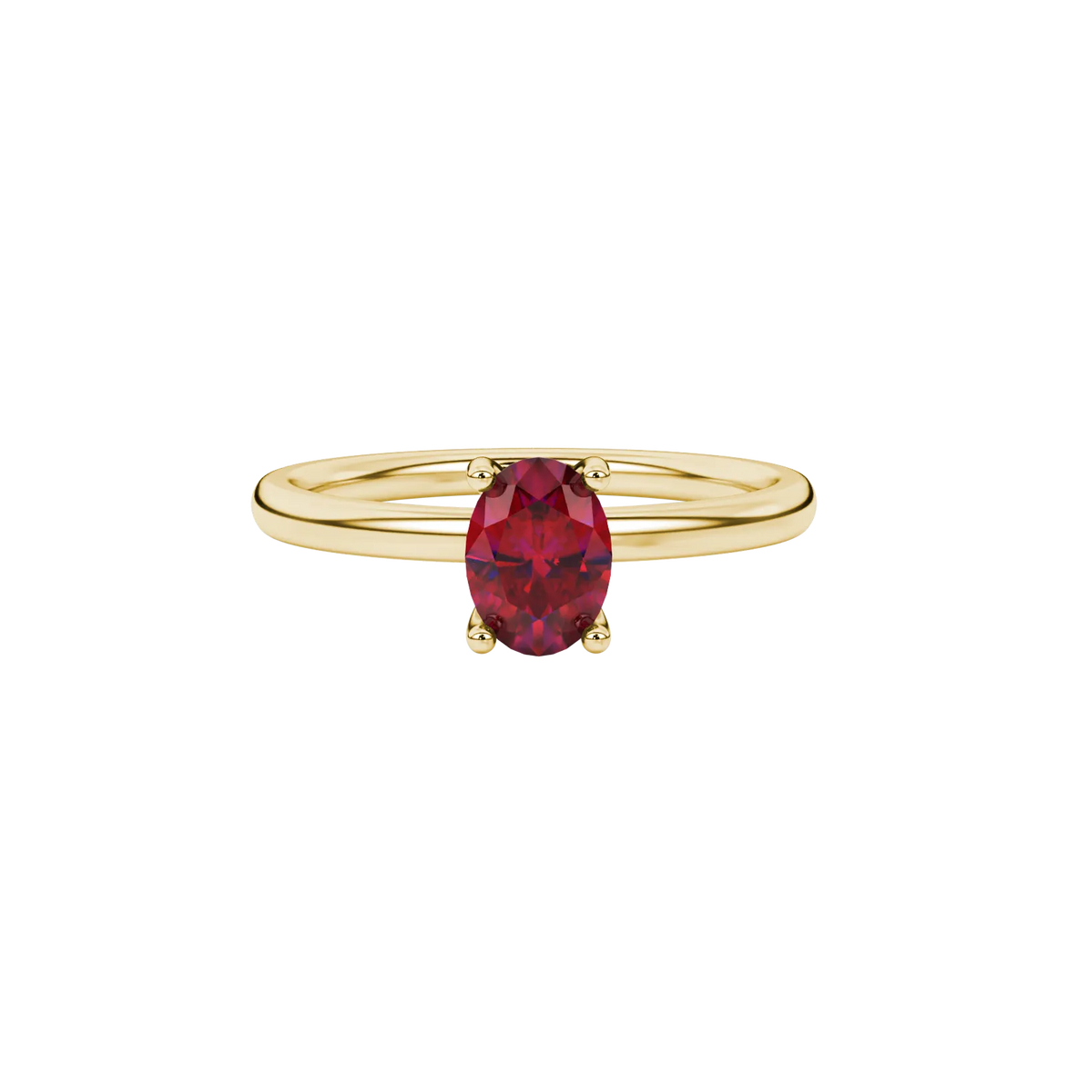 Close-up, oval cut raspberry red gemstone, yellow gold surprise diamond ring.