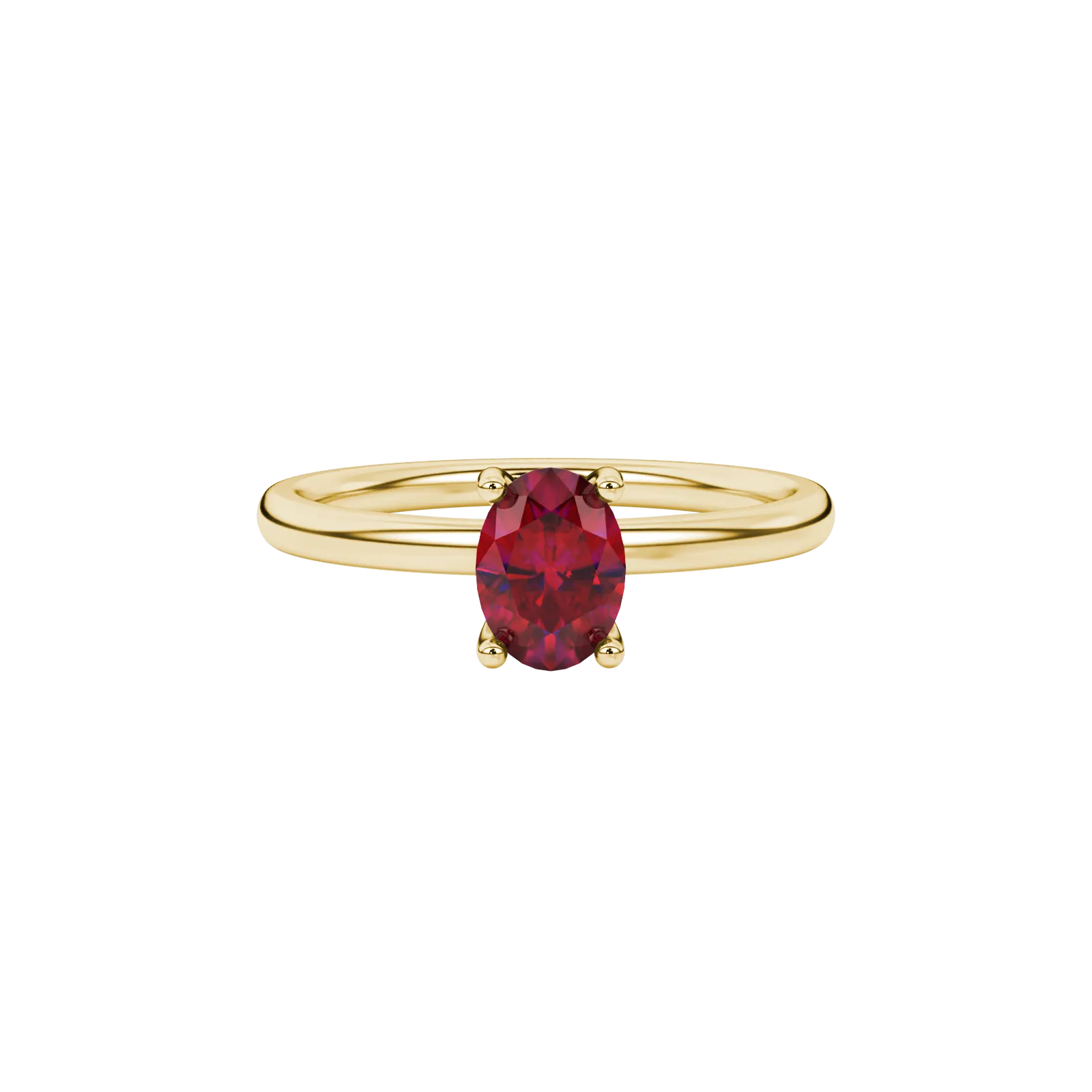 Close-up, oval cut raspberry red gemstone, yellow gold surprise diamond ring.