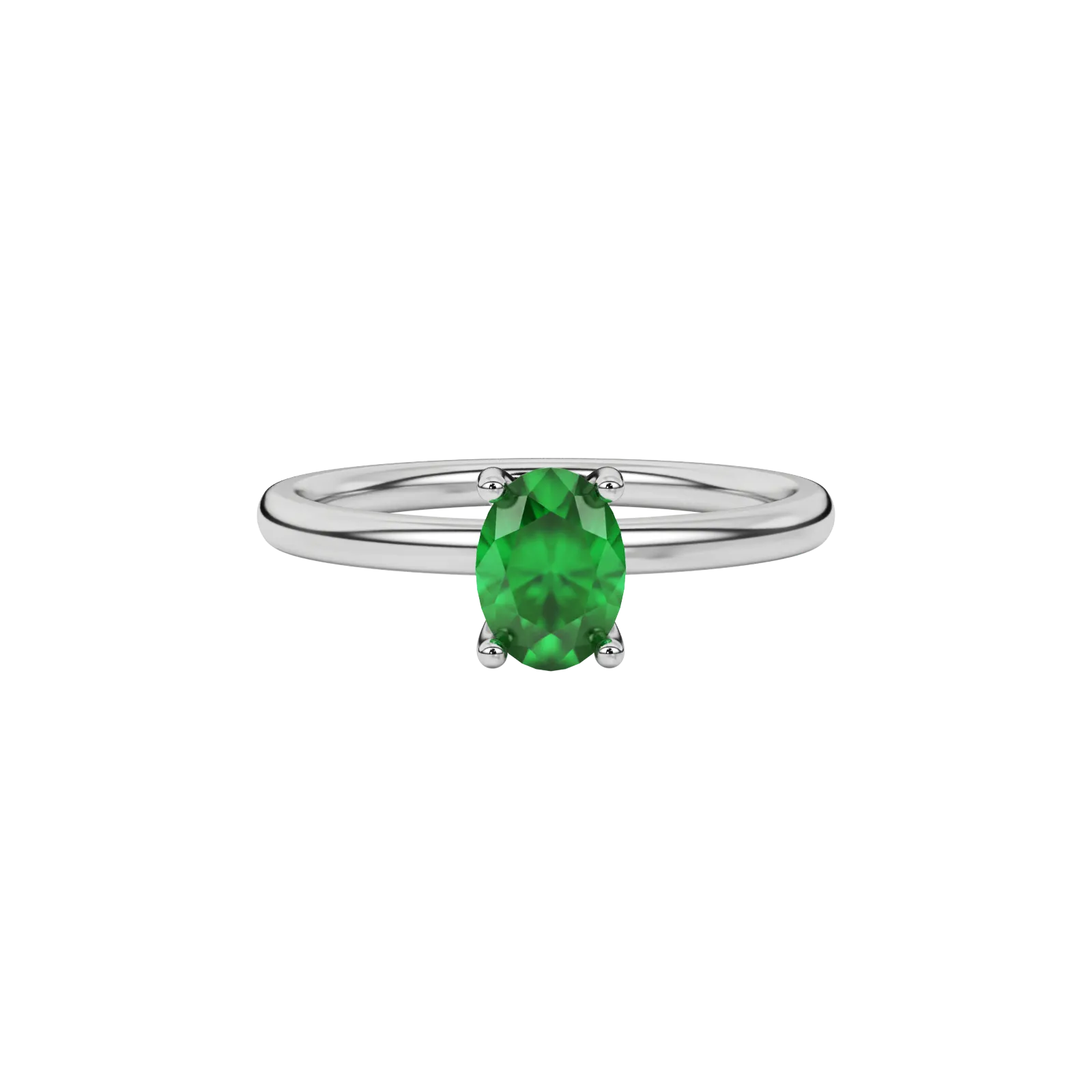 Close-up emerald green gemstone ring, white gold surprise diamond setting.