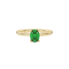 Close-up, oval cut emerald green gemstone, yellow gold surprise diamond ring.