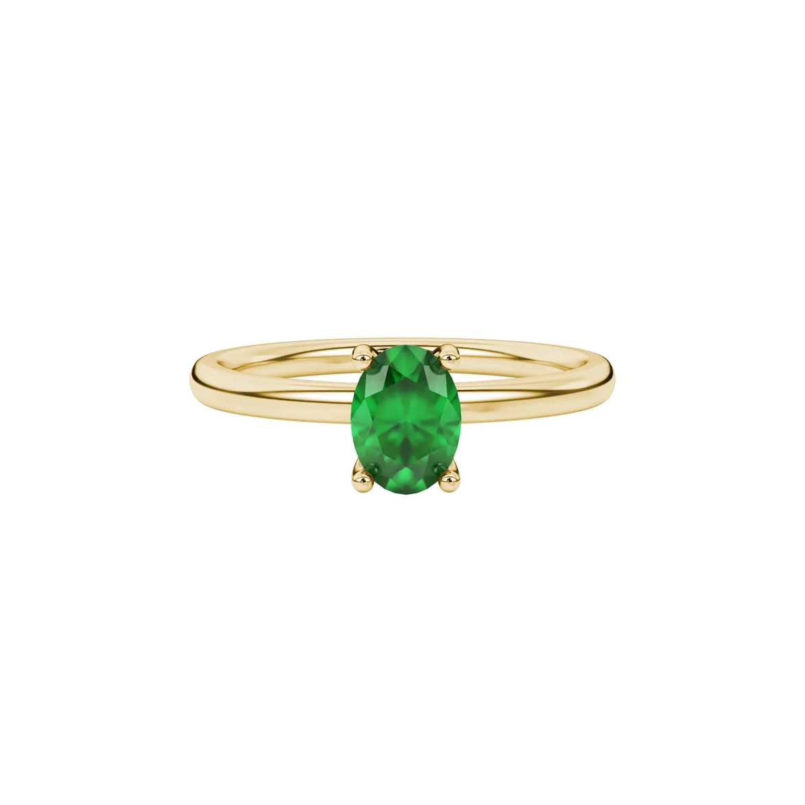 Close-up, oval cut emerald green gemstone, yellow gold surprise diamond ring.