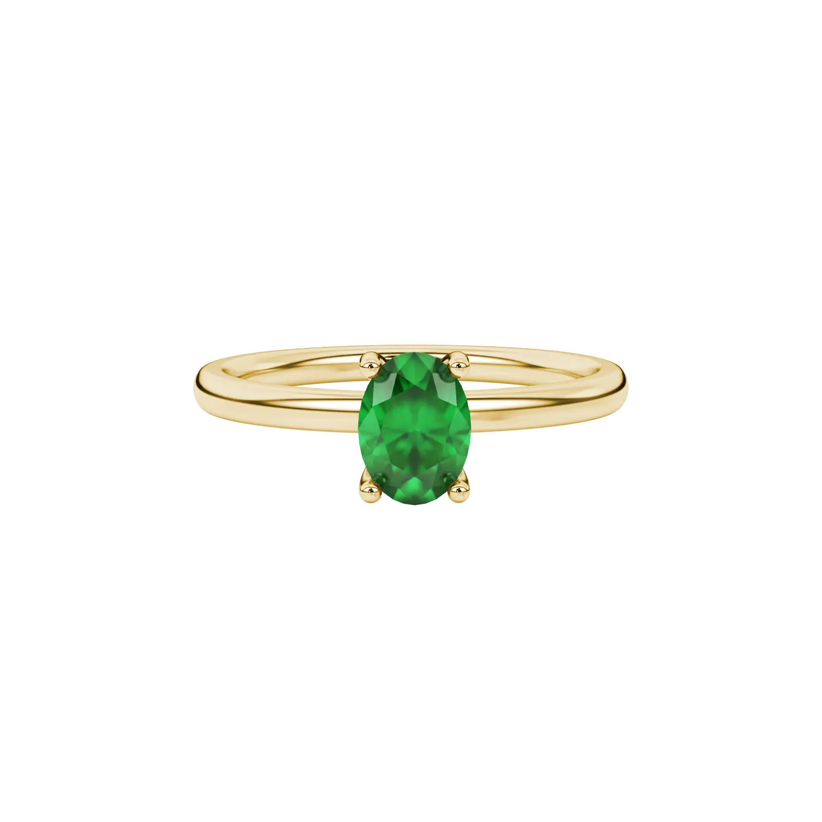 Close-up, oval cut emerald green gemstone, yellow gold surprise diamond ring.