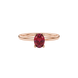 Close-up, oval cut raspberry red gemstone ring, rose gold surprise diamond setting.