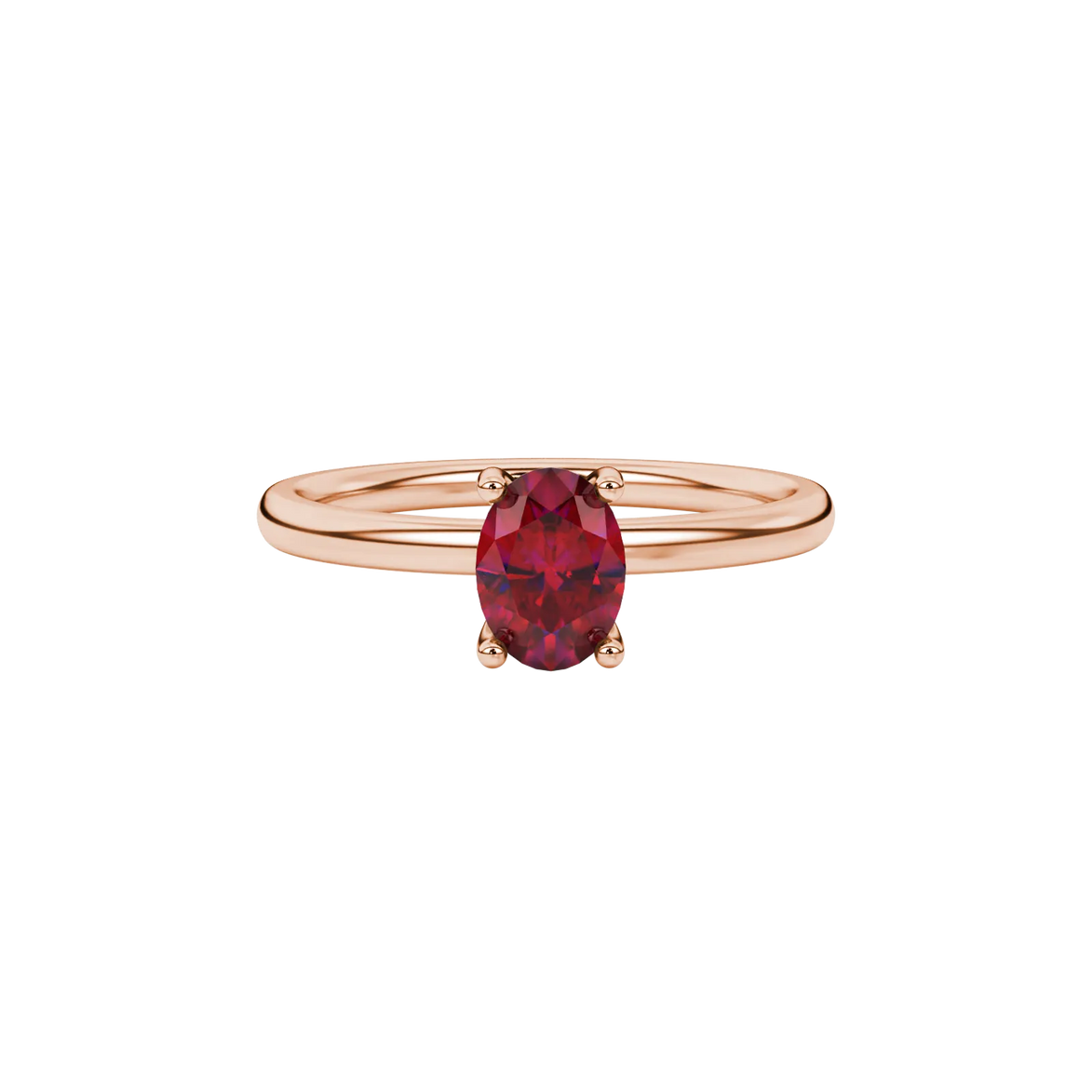 Close-up, oval cut raspberry red gemstone ring, rose gold surprise diamond setting.