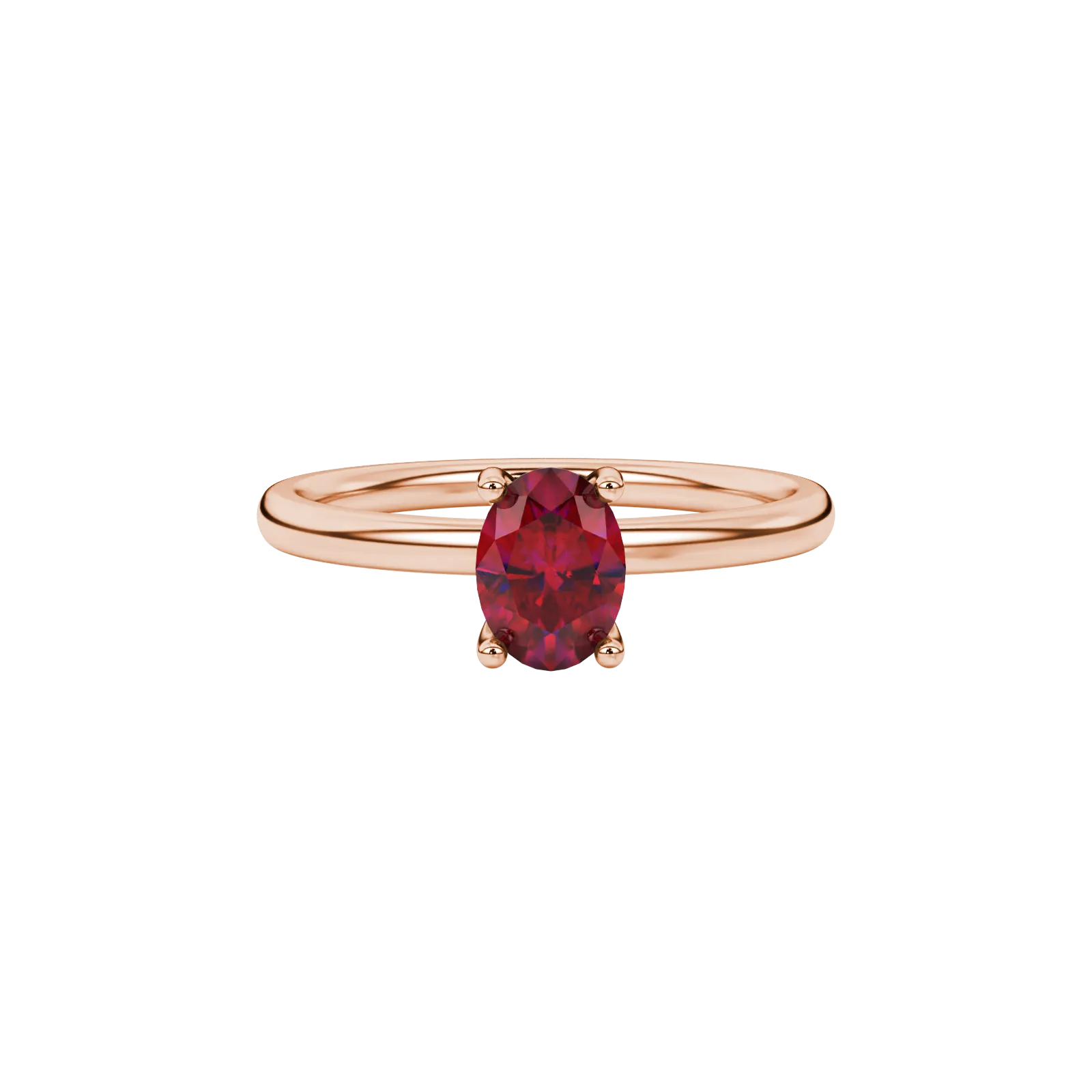 Close-up, oval cut raspberry red gemstone ring, rose gold surprise diamond setting.