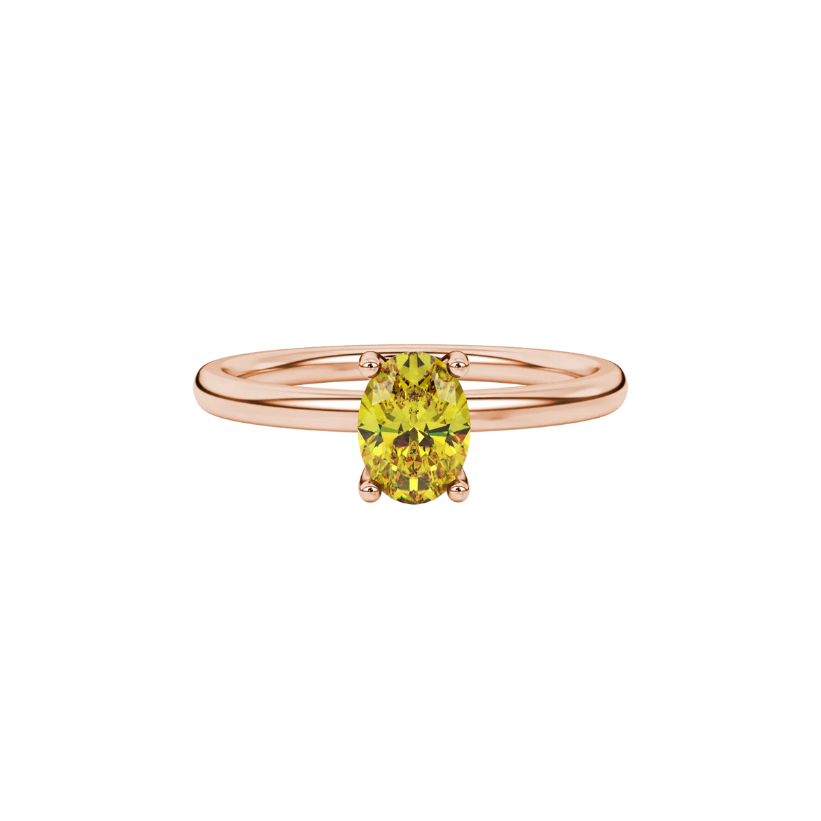 Close-up, oval cut canary yellow gemstone ring, rose gold surprise diamond setting.