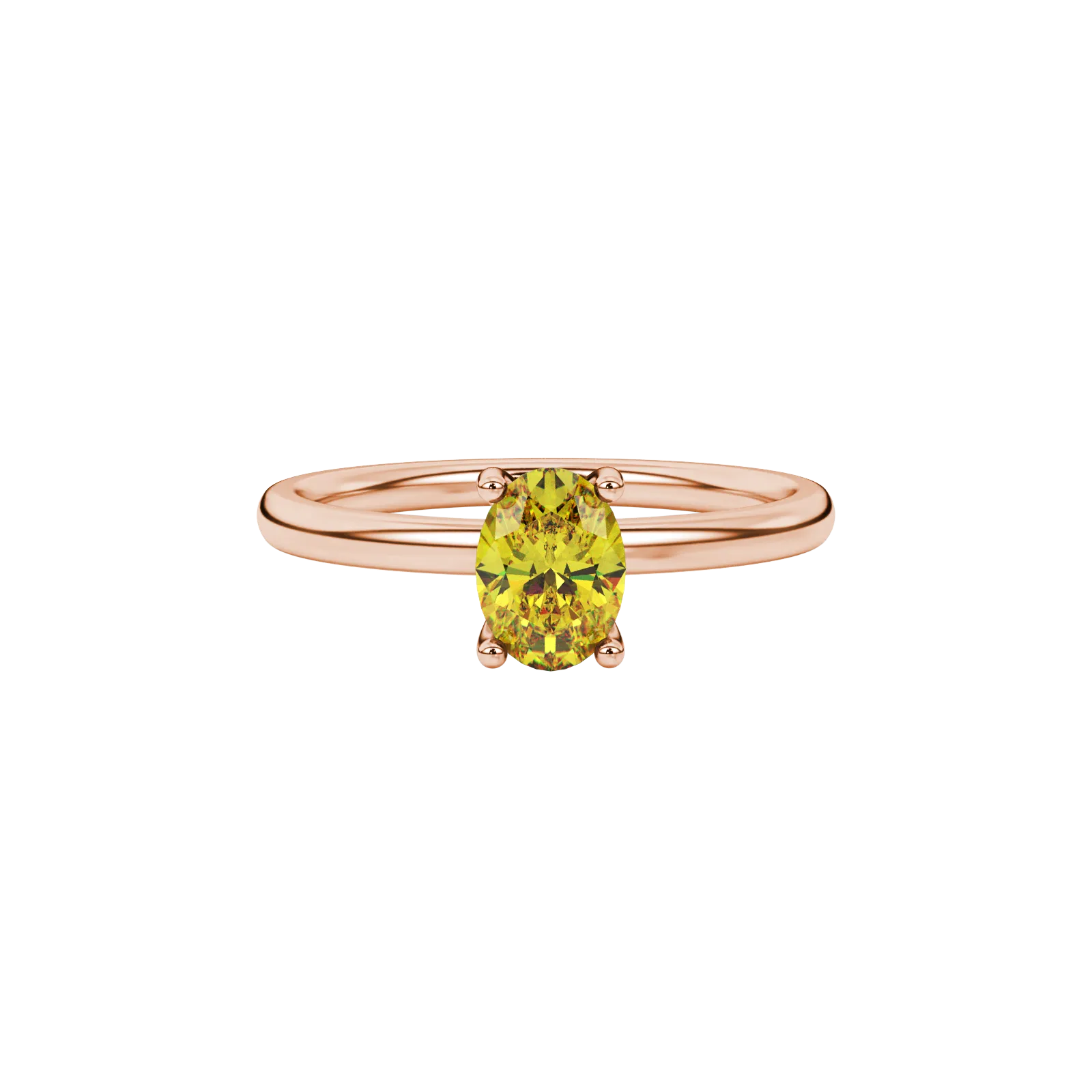 Close-up, oval cut canary yellow gemstone ring, rose gold surprise diamond setting.