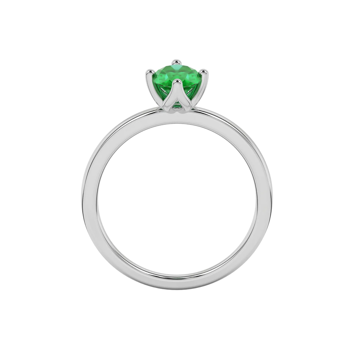 Oval cut emerald green gemstone ring, white gold tulip basket setting.