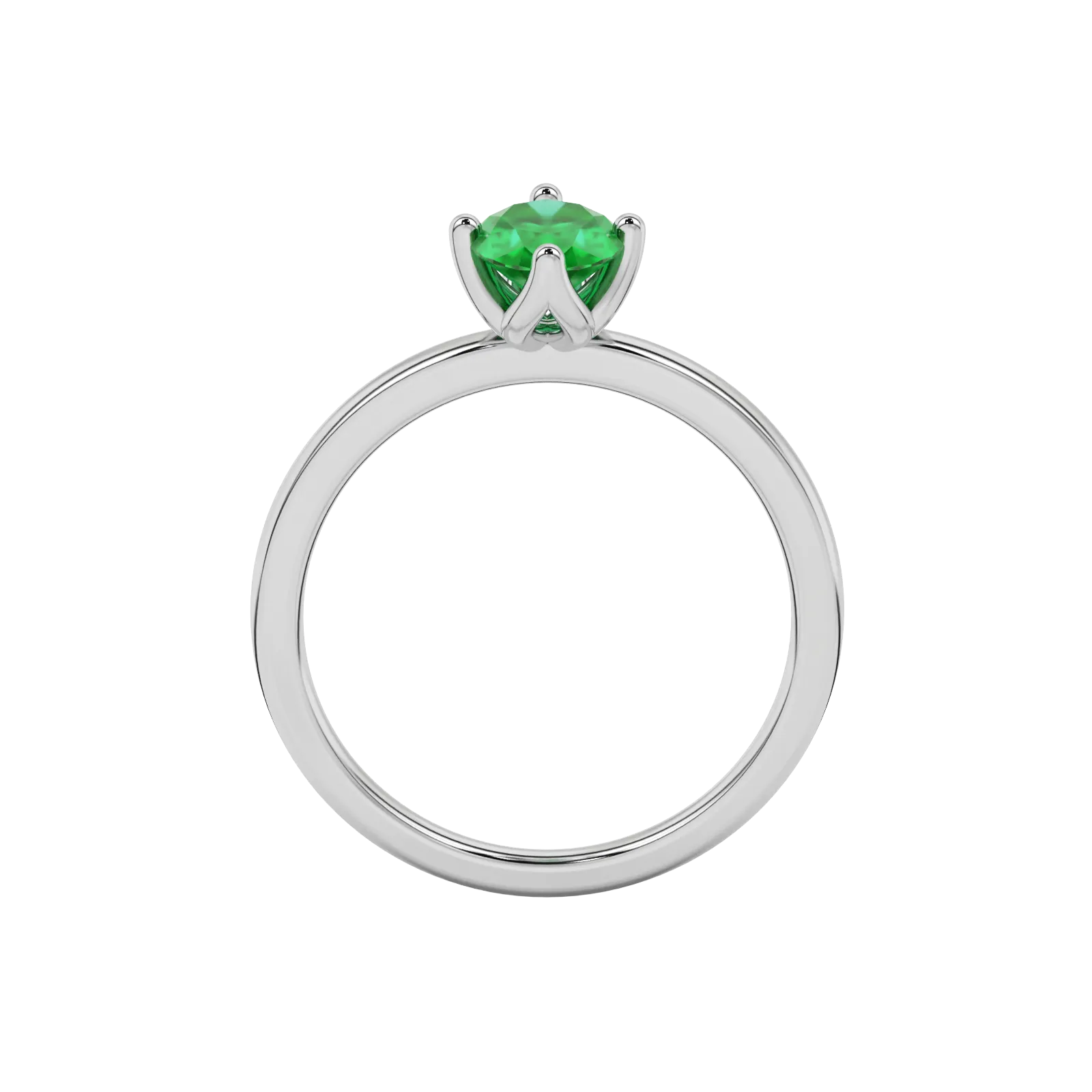 Oval cut emerald green gemstone ring, white gold tulip basket setting.