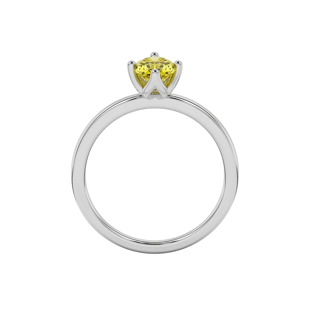 Oval cut canary yellow gemstone ring, white gold tulip basket setting.