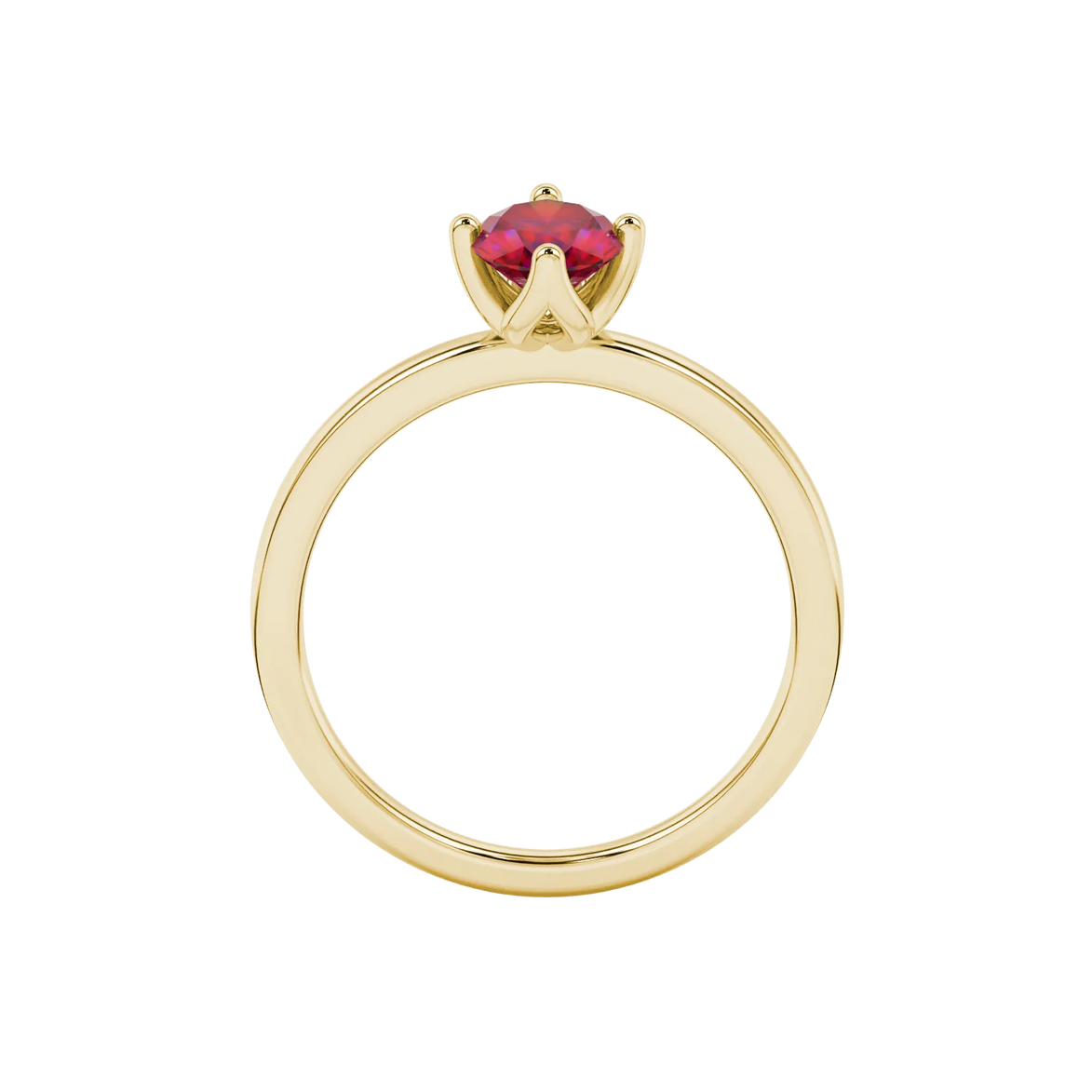 Oval cut raspberry red gemstone ring, yellow gold tulip basket setting.