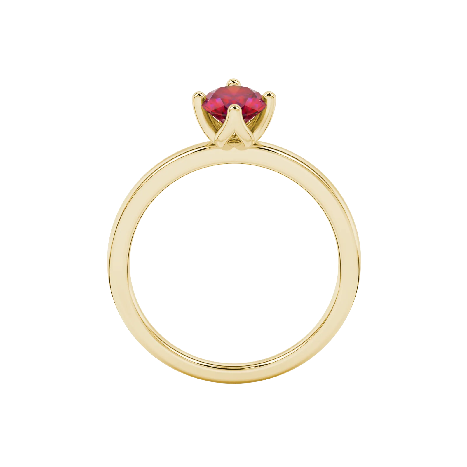 Oval cut raspberry red gemstone ring, yellow gold tulip basket setting.