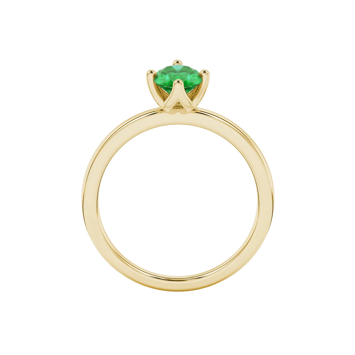 Oval cut emerald green gemstone ring, yellow gold tulip basket setting.
