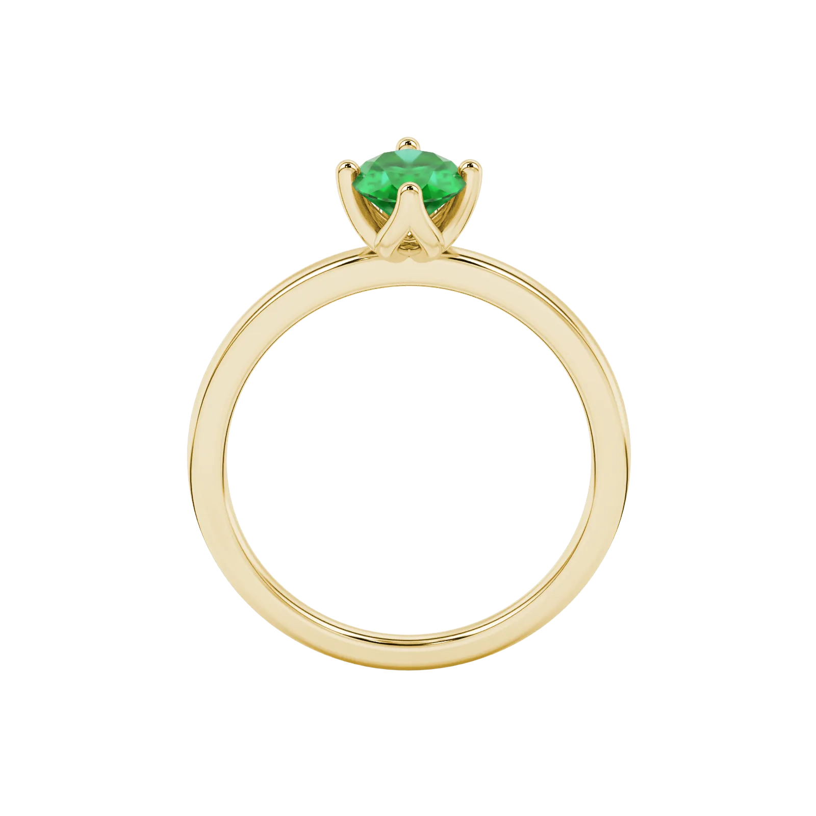 Oval cut emerald green gemstone ring, yellow gold tulip basket setting.