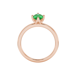 Oval cut emerald green gemstone ring, rose gold tulip basket setting.