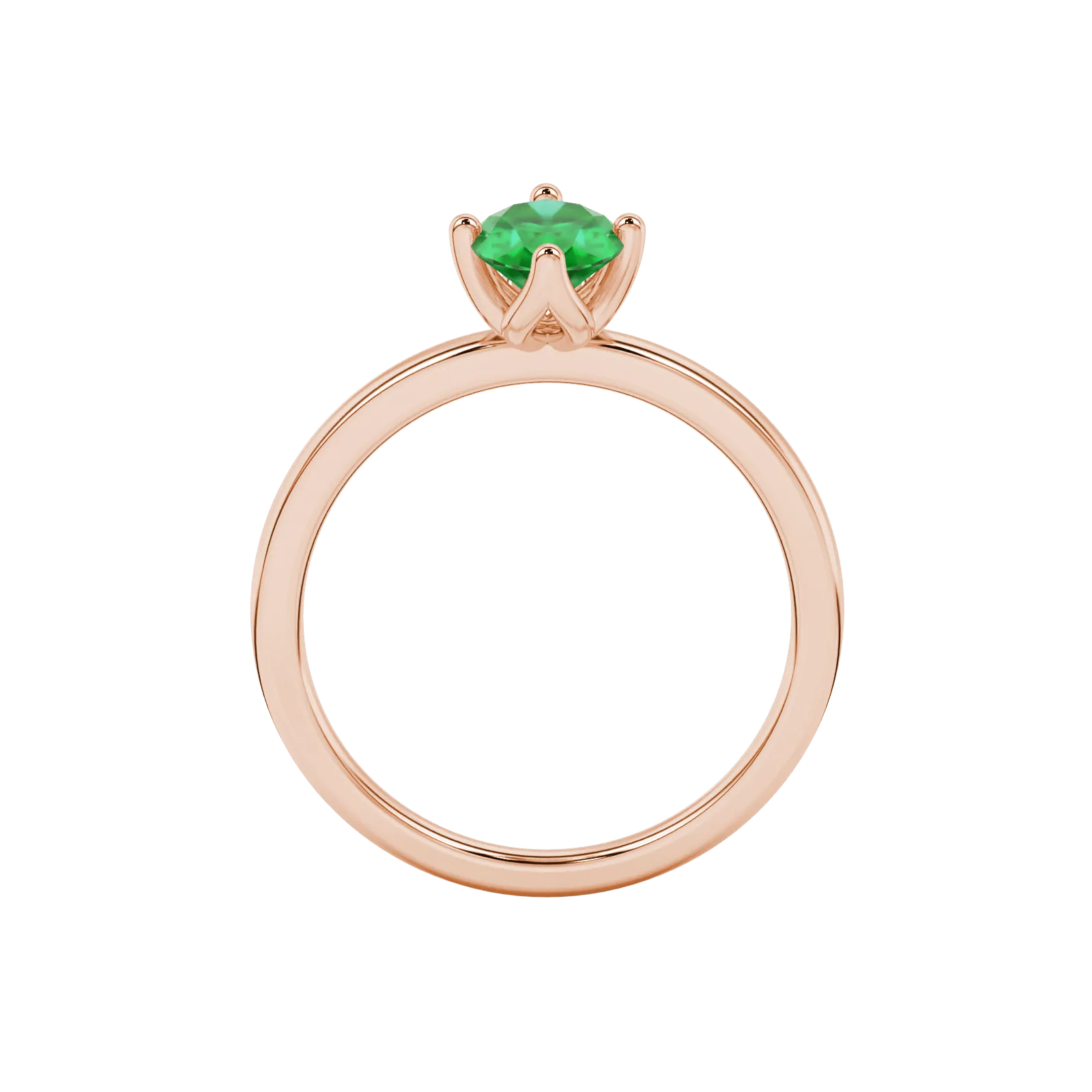 Oval cut emerald green gemstone ring, rose gold tulip basket setting.