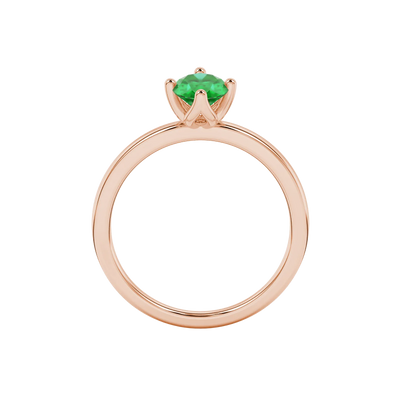 Oval cut emerald green gemstone ring, rose gold tulip basket setting.