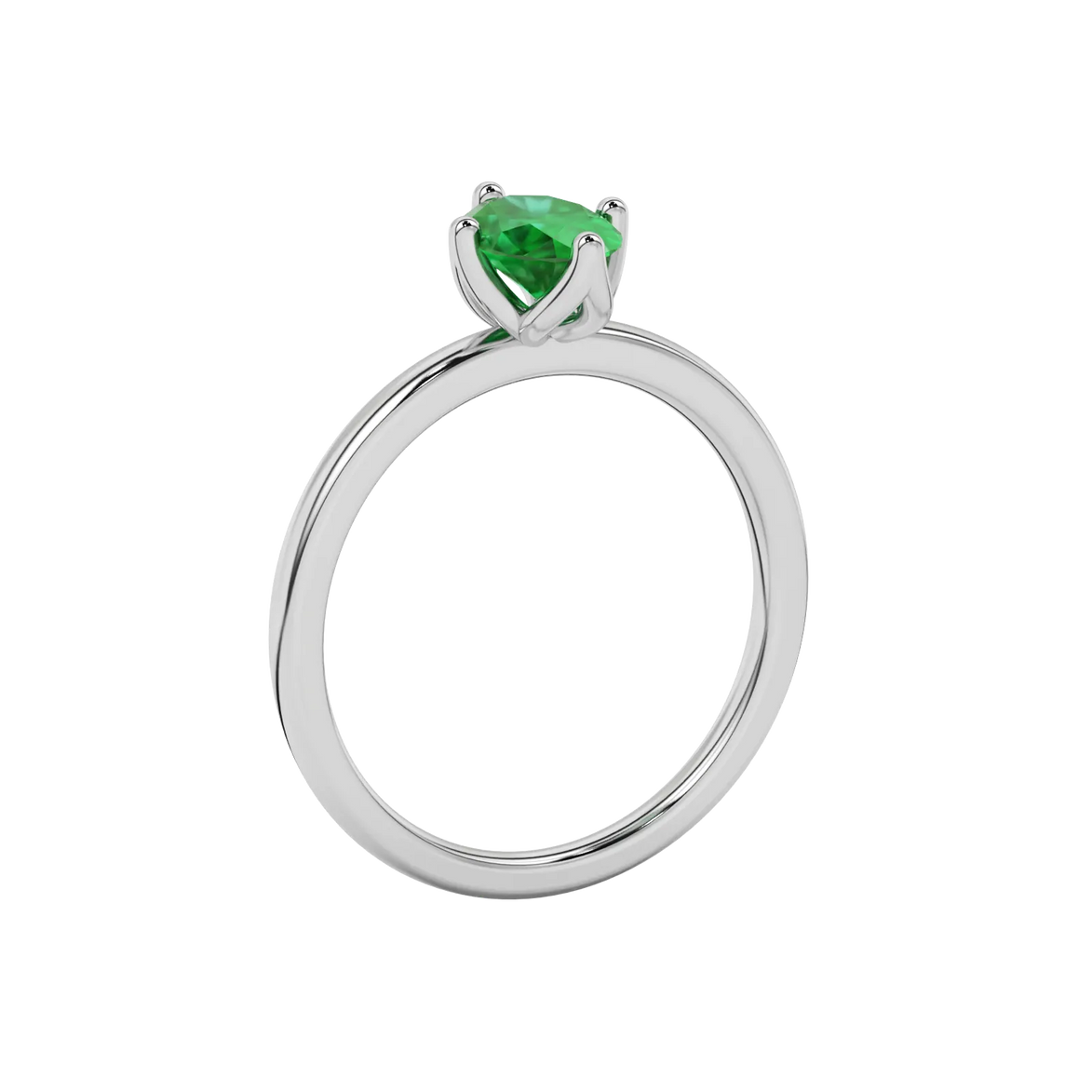 Side profile, white gold emerald green ring, tulip basket gallery.