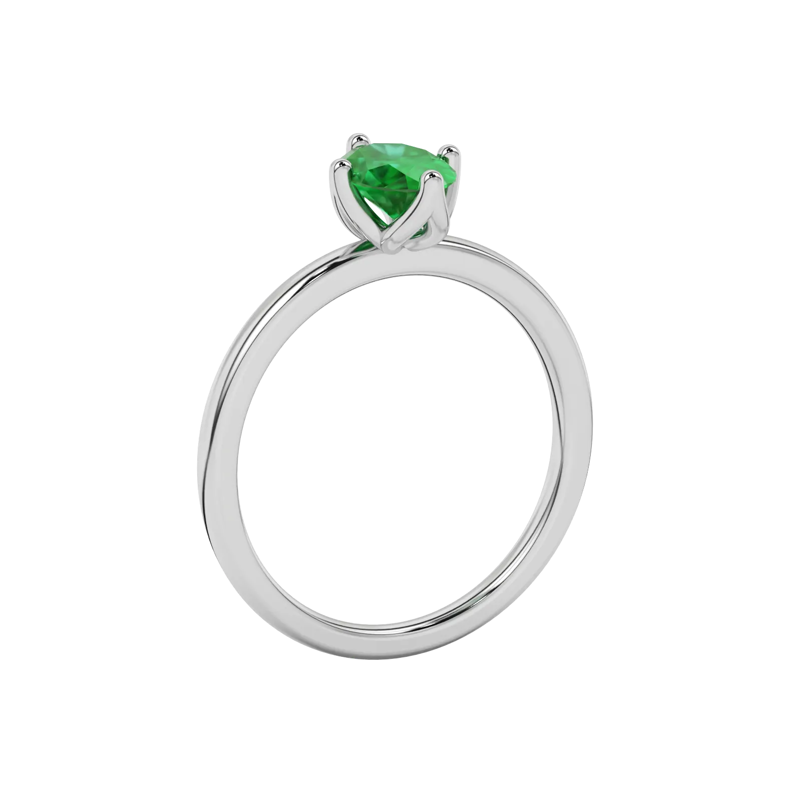 Side profile, white gold emerald green ring, tulip basket gallery.