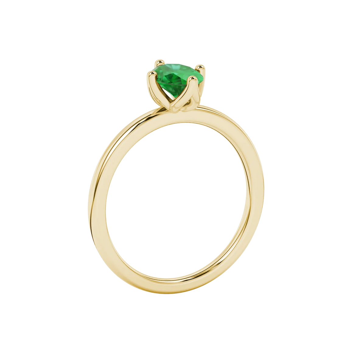 Side profile, yellow gold emerald green ring, tulip basket gallery.