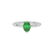 Close-up  oval cut emerald green gemstone ring, white gold tulip basket.