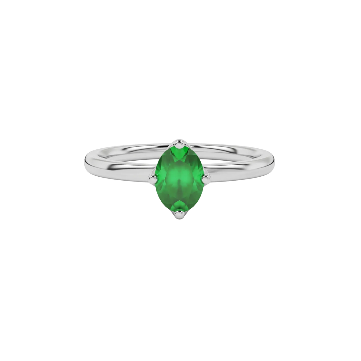 Close-up  oval cut emerald green gemstone ring, white gold tulip basket.