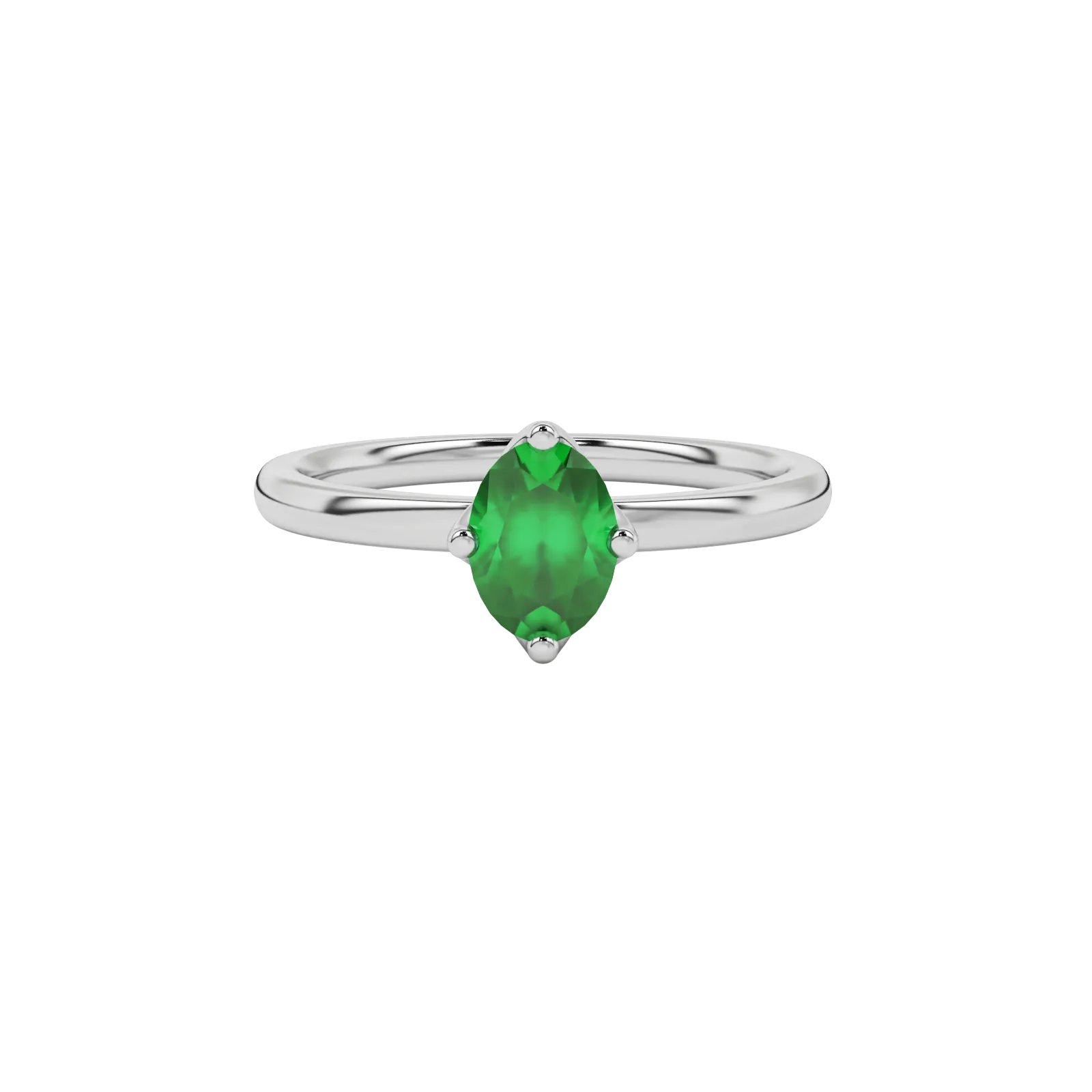 Close-up  oval cut emerald green gemstone ring, white gold tulip basket.