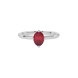 Close-up oval cut raspberry red gemstone ring, white gold tulip basket.