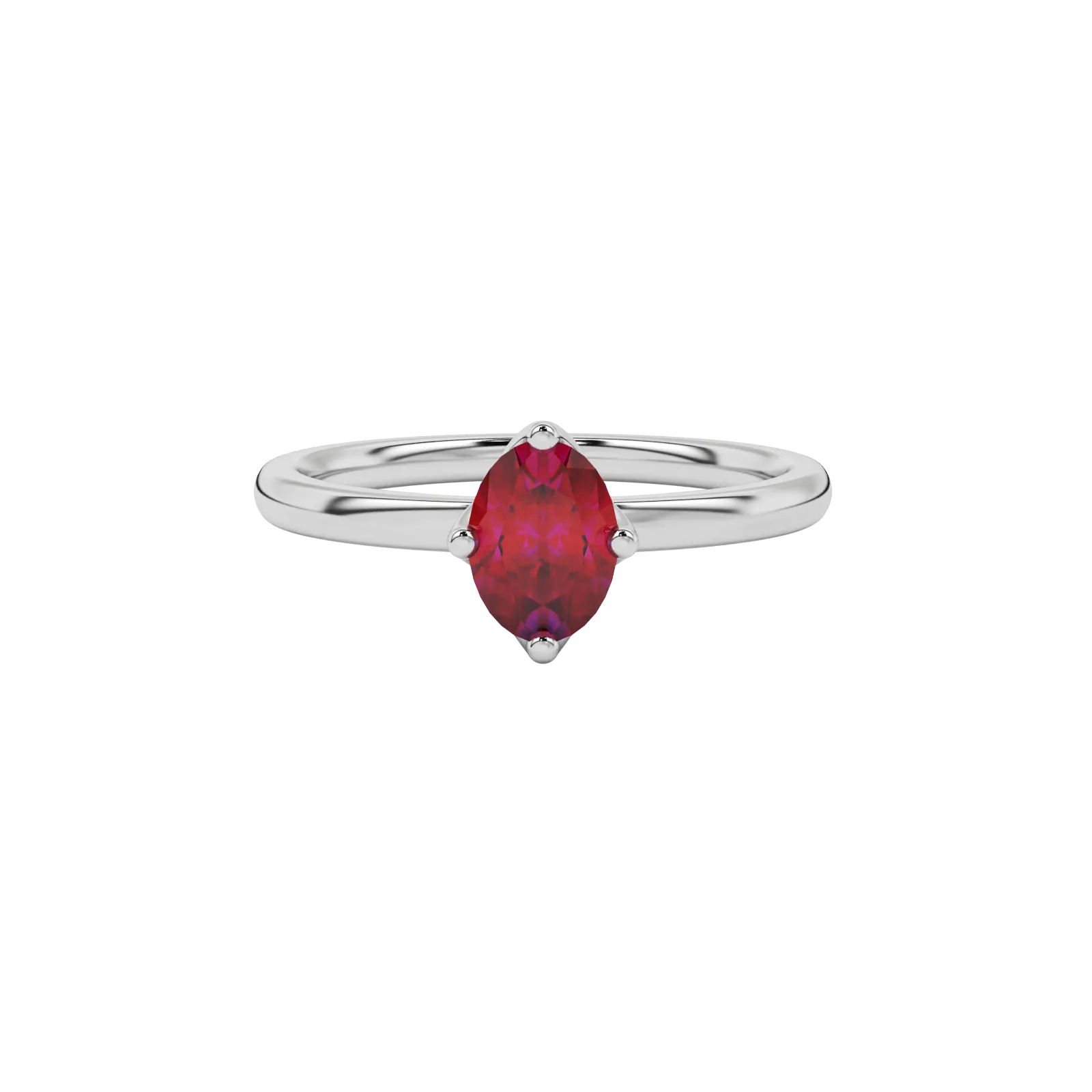 Close-up oval cut raspberry red gemstone ring, white gold tulip basket.