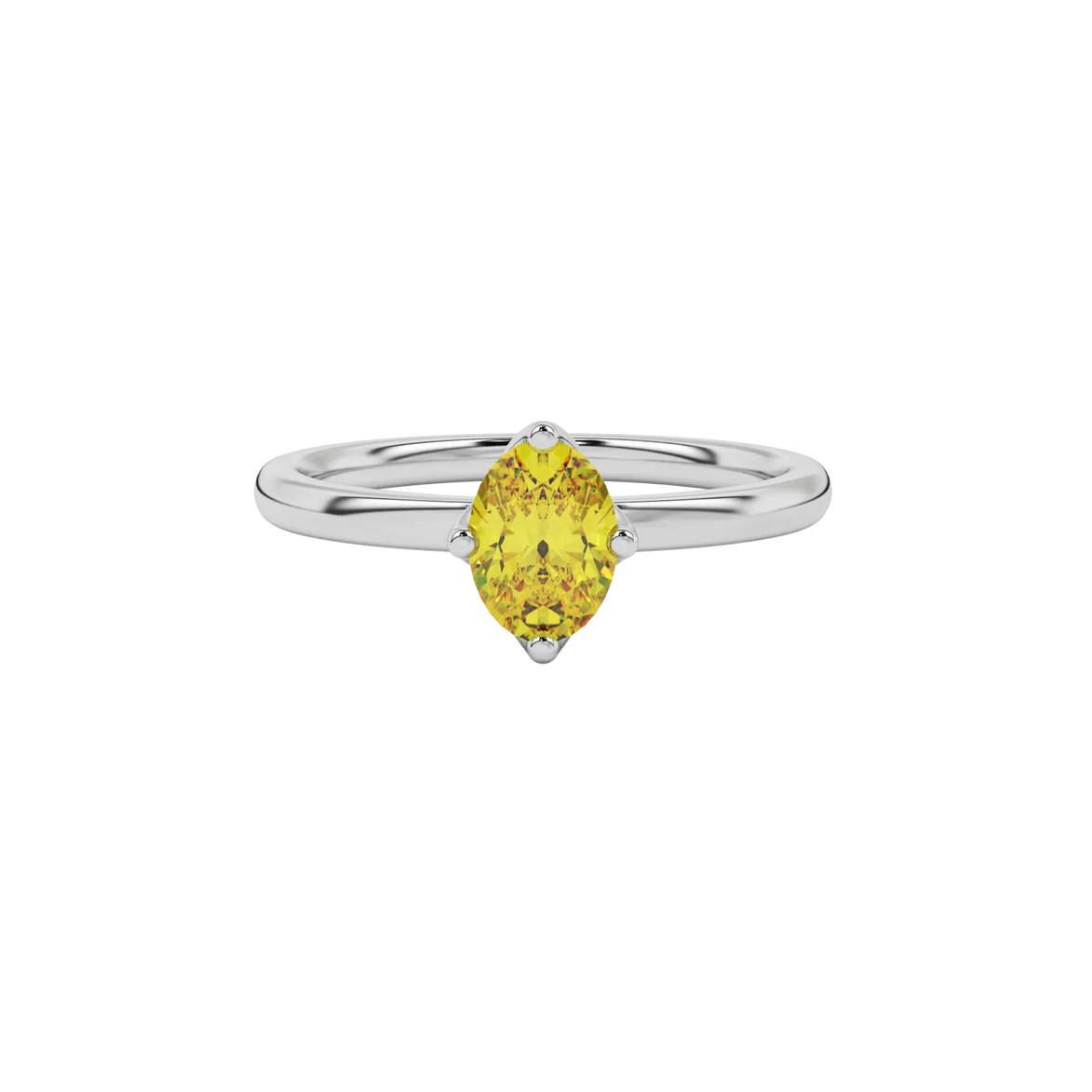 Close-up oval cut canary yellow gemstone ring, white gold tulip basket.