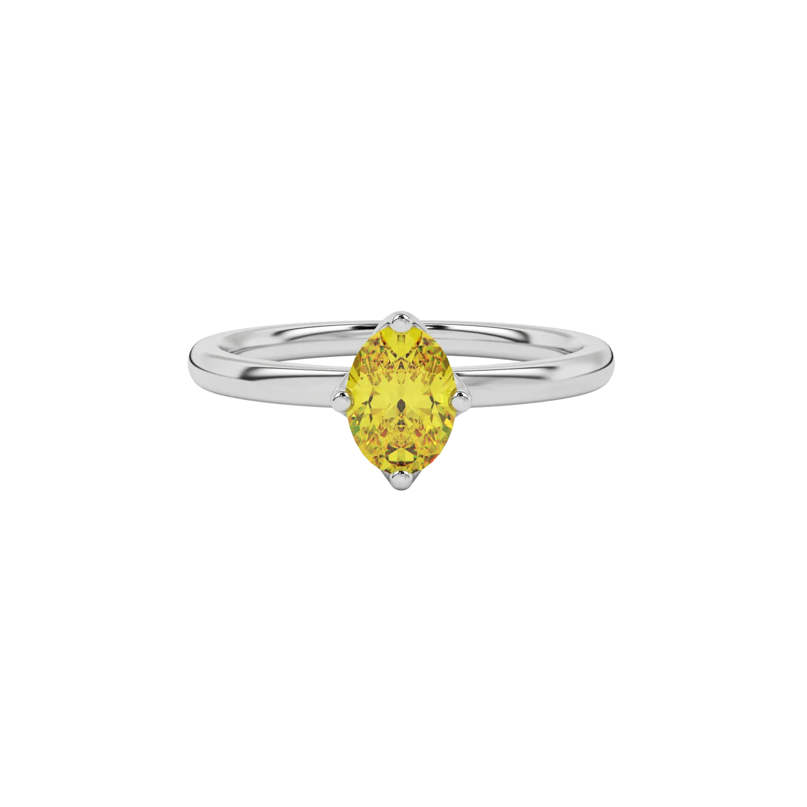 Close-up oval cut canary yellow gemstone ring, white gold tulip basket.