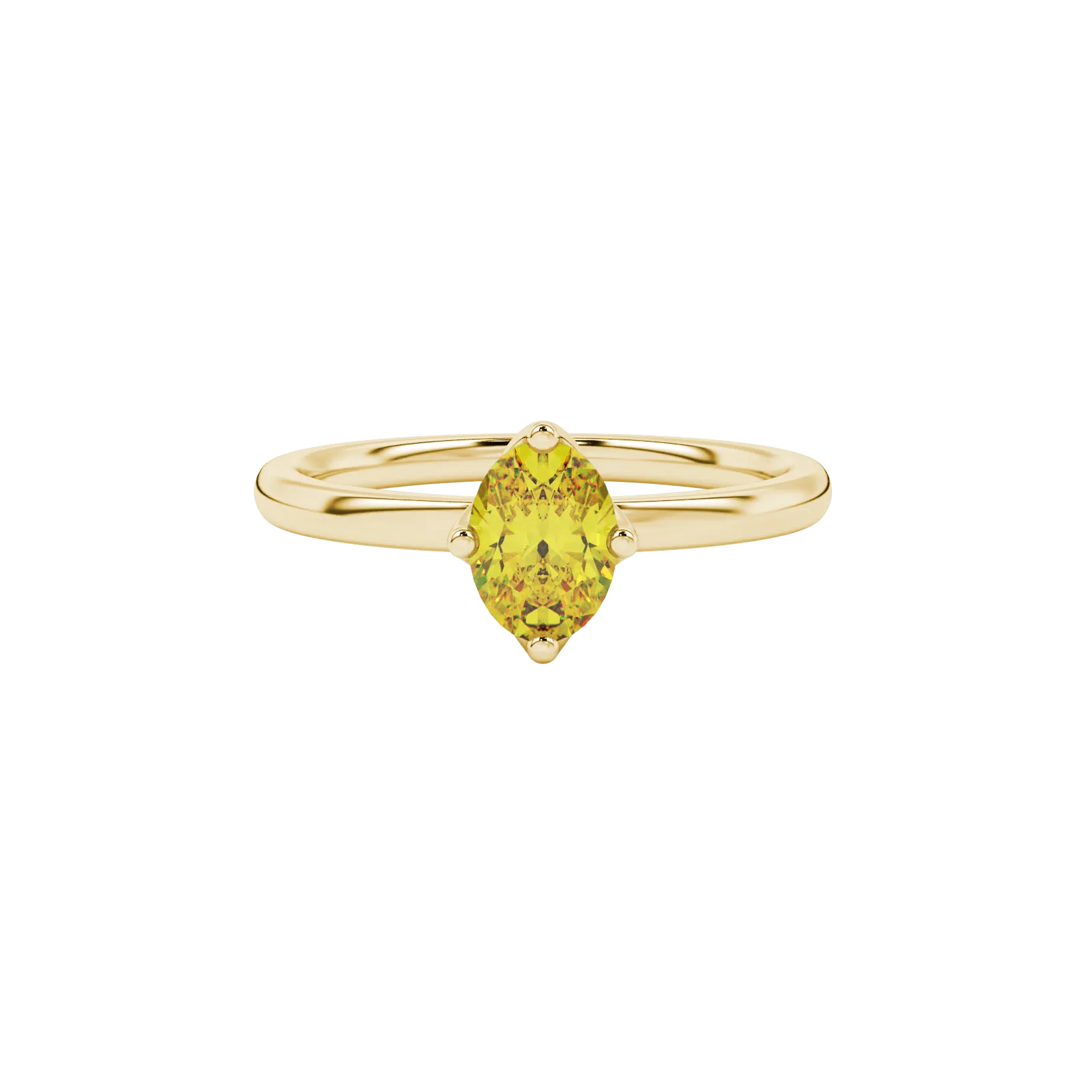 Close-up, oval cut canary yellow gemstone, yellow gold tulip basket ring.