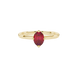 Close-up, oval cut raspberry red gemstone, yellow gold tulip basket ring.