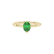 Close-up, oval cut emerald green gemstone, yellow gold tulip basket ring.