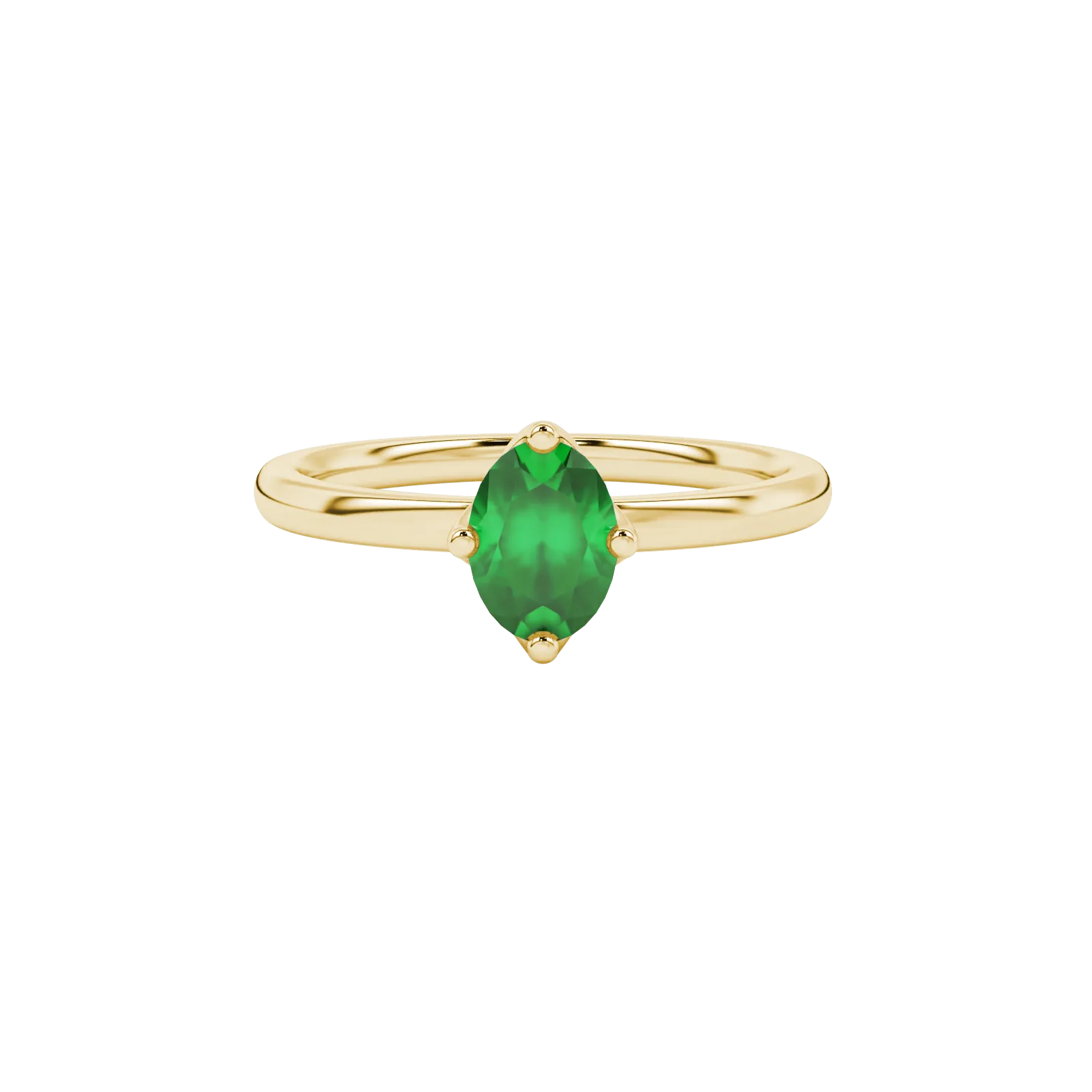 Close-up, oval cut emerald green gemstone, yellow gold tulip basket ring.