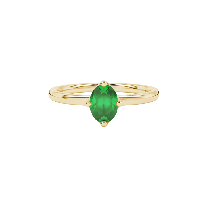 Close-up, oval cut emerald green gemstone, yellow gold tulip basket ring.