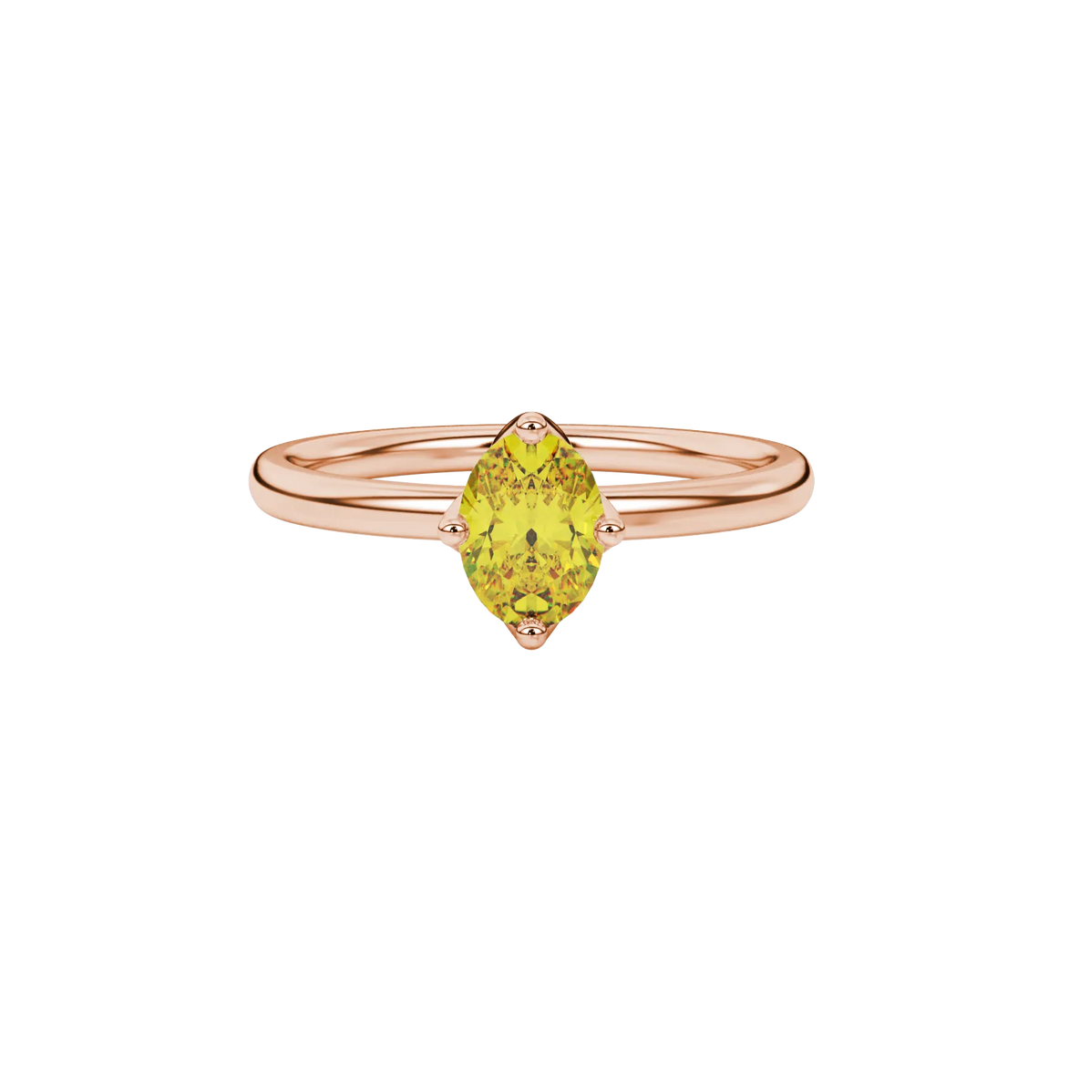 Close-up, oval cut canary yellow gemstone ring, rose gold tulip basket.